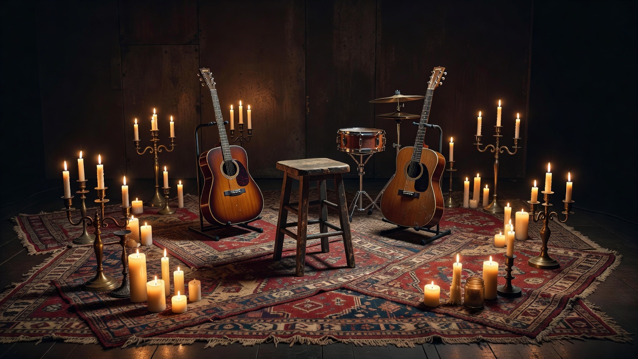 Acoustic stage setup with vintage rugs and candlelight representative of the Unplugged format