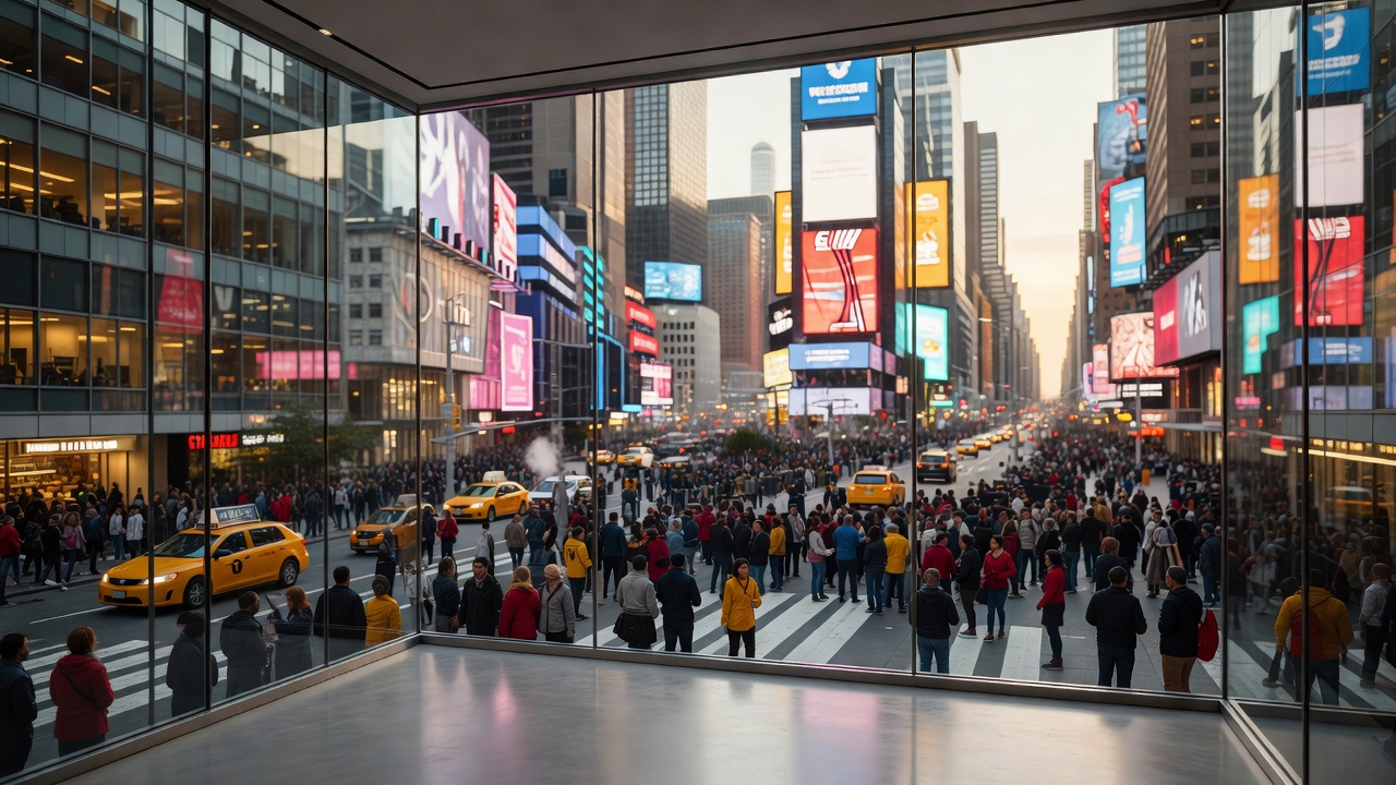 A view of the glass-enclosed studio overlooking the street crowds in Times Square